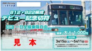 「812・822編成デビュー記念切符」（大人）のイメージ＝上毛電気鉄道提供＝