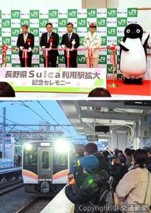 ㊤テープカットでＳｕｉｃａエリアの拡大を祝う下大薗支社長（右から２人目）、高橋所長・駅長（右端）ら㊦上所駅ホームでは大勢の人々が一番列車を見送った