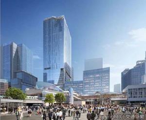スクランブル交差点から見た渋谷駅街区計画の完成イメージ（東急提供）