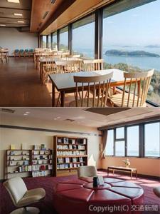 ㊤瀬戸内海の絶景を望むレストラン㊦落ち着いた雰囲気の本屋「ａｒｕ」の店内（ＪＲ西日本提供）