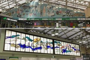グランドコンコースに設置されている㊤壁画「自由」㊦ステンドグラス「ふる里　日本の華」（ＪＲ東日本首都圏本部提供）