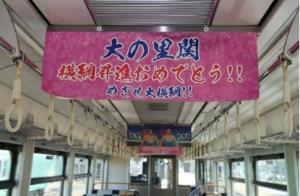 「横綱昇進おめでとう　めざせ大横綱」と記された中づり広告（えちごトキめき鉄道提供）