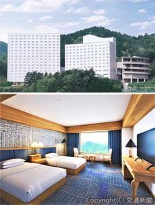 ㊤リブランドするホテルアソシア高山リゾート㊦改装後のロビー、客室のイメージ（ジェイアール東海ホテルズ提供）