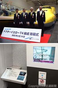 ㊤除幕式に出席した（左から）川越副本部長、武田副社長、洞口副本部長、岡部館長  ㊦車内に設置した架線監視の再現映像装置