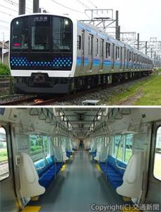 仙石線Ｅ１３１系の㊤外観㊦車内　