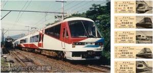 ㊧デビュー当時のリゾート21  ㊨記念乗車券のイメージ（伊豆急行提供）