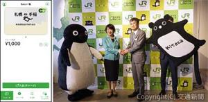 ㊨握手する山田取締役（右）と中川常務  ㊧アプリ画面イメージ（ＪＲ北海道提供）