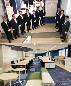 ㊤フロアマップの除幕を行った高岡本部長（右側手前から３人目）ら ㊦ワンフロアの空間となった２階（ＪＲ東日本提供）
