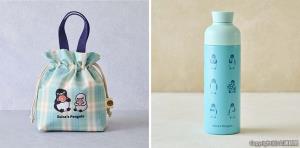 Ｓｕｉｃａのペンギンの㊧巾着保冷バッグと㊨スリムボトル（ライトブルー×ネイビー）（ＪＲ東日本クロスステーション提供）ⒸＣｈｉｈａｒｕ　Ｓａｋａｚａｋｉ／ＪＲ東日本／ＤＥＮＴＳＵ