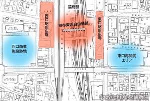 福島駅東西一体で進められるまちづくりの位置関係イメージ（福島市提供）
