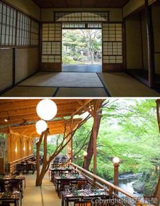 ㊤渉成園燕申堂の室内から眺められる庭園の様子㊦紙屋川の上に張り出した「渓涼床」は夏の風物詩。渓谷美を眺めながら京料理を堪能できる（いずれも京都市観光協会提供）