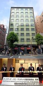 ㊤開業したホテルの建物外観㊦テープカットする丹羽社長（左から２人目）、岡田副市長（同３人目）、田中マーケットヴァイスプレジデント（同４人目）、ら