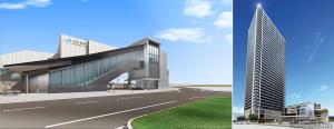  ㊧向日町駅（西側）㊨東口再開発事業の完成イメージ(ＪＲ西日本提供)