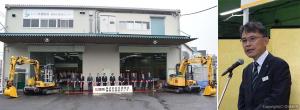 ㊧テープカットする関係者 ㊨あいさつする森社長