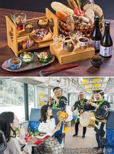 ㊤地元自慢の料理を詰め込んだ「あでセット」（イメージ）㊦車内のお囃子のイメージ（星野リゾート提供）