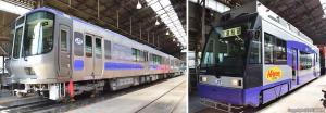 ㊧燃料電池試験車両「鉄道総研Ｒ２９１」の外観㊨蓄電池電車「Ｈｉ―ｔｒａｍ」の外観