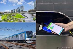 ㊧㊤阪急電鉄などのグラングリーン大阪 ㊧㊦ 東武鉄道、近畿車輛の「東武鉄道８００００系」㊨ＪＲ東日本のモバイルＳｕｉｃａの利用イメージ（ＪＲ東日本提供）