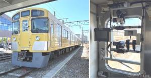 ㊧２００形の外観 ㊨先頭車前面に設置されたカメラ（近江鉄道提供）