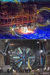㊤演奏会とライトアップが行われた日没後の地下工事現場 ㊦報道公開されたシールドマシンの組み立て状況