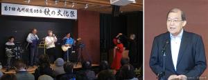㊧会員自慢のバンド演奏やダンスが披露された㊨サプライズ登場した唐池相談役