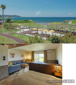 ㊤海へと続く広大なテラス㊦海を間近に感じられる「シーサイドテラスルーム・プレミア」＝ＪＲ千葉支社提供＝