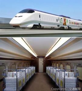㊤荷物専用新幹線の外観デザイン㊦改造後の車両内のイメージ（ＪＲ東日本提供）