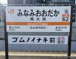 東海道線南大高駅で「ゴムノイナキ前」と表記した広告を掲出（ＪＲ東海提供）