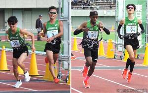 ㊨西脇選手（右）からタスキを受けるラファエル選手㊧松永選手（右）から工藤選手への継走