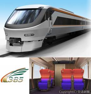 ㊤３８５系量産先行車のエクステリアデザイン㊦㊧シンボルマークのイメージ ㊦㊨バックシェル式３列シートのグリーン車のイメージ（ＪＲ東海提供）