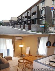 ㊤Ｊ・リヴェール高松西宝町の外観㊦Ａ棟モデルルームのリビング