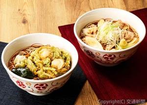 「青森県産帆立の磯辺かき揚げそば」＝イメージ左＝「生姜香る　肉南蛮そば」＝イメージ右＝（ＪＲ東日本クロスステーションフーズカンパニー提供）