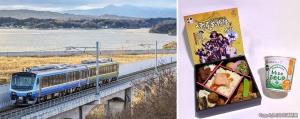 ㊧松島湾に沿って走る「だてＳＡＴＯＮＯ」㊨車内で提供する「伊達武将隊弁当とＭＩＳＯ　ＳＯＵＰセット」のイメージ（ＪＲ東日本供）