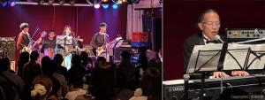 ㊧ロックバンドの演奏で盛り上がる会場㊨ピアノの弾き語りを披露する伊藤社長（ＪＲ西日本コミュニケーションズ提供）