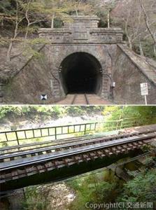 ㊤凸形パラペットや扁額も備えた清瀧隧道の東口坑門 ㊦かがらす谷橋梁は「溝形下吊併用補強」と呼ばれる溶接補強を施した橋梁の一つ（嵯峨野観光鉄道提供）