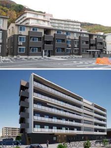 ㊤Ｊ・リヴェール高松西宝町Ａ棟の入り口付近㊦Ｊ・リヴェール高松西宝町A棟の外観（ＪＲ四国提供）