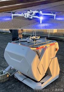 ㊤新橋駅付近で行った飛行試験に使用したドローン ㊦ドローンドックのイメージ（ＪＲ東日本提供） 