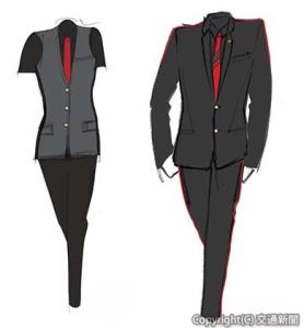 アテンダント制服の㊨長袖㊧ベストのイメージⒸ2026 JUNKO KOSHINO Inc.（南海電気鉄道提供）