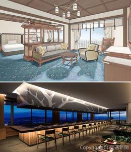 ㊤西館「クラウンスイート」㊦鉄板焼「花菊」のイメージ（ＪＲ西日本ホテルズ提供）