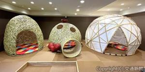 オールインクルーシブラウンジ「一福」の象徴となる竹製テント。左から「花テント」「花子テント」「竹かまくら」と名付けた