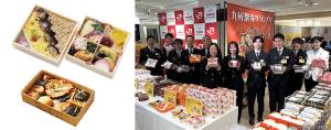 ㊧グランプリに選ばれた㊤宮崎駅「上等椎茸めし」㊦嘉例川駅「百年の旅物語かれい川」㊨決勝大会で推薦した駅弁をＰＲする駅員、客室乗務員ら（６日）