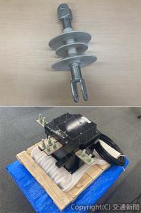 共通仕様化した㊤電車線用ポリマーがいし㊦インピーダンスボンド（ＪＲ東日本提供）