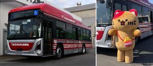 ㊧②新デザインのＥＶ路線バス（立川バス提供）㊨公式キャラクター「にゃちかわさん」Ⓒ立川バス／Ｓａｎ―Ｘ（サンエックス提供）