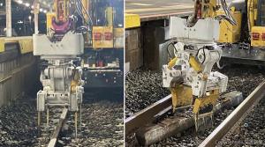 ㊨グリッパー機能と㊧頭タンパー機能を駆使してのマクラギ交換作業（交通建設提供）