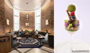 ㊧八角形の天井など丸の内駅舎の歴史的質感を堪能できる店内㊨限定コラボパフェのイメージ（ＪＲ東日本クロスステーションフーズカンパニー提供）