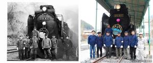 ㊧「さようなら列車」足立駅出発前のシーン（大岩進さん撮影、D51 838保存会提供）㊨再現した関係者ら
