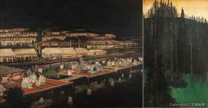 ㊨《森》 1902–03年 油彩、板 新ビール美術館㊧《京都先斗町の鴨川納涼床》 1908年 油彩、カンヴァス ゴットフリート・ケラー財団（新ビール美術館寄託）（東京ステーションギャラリー提供） 