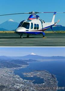 ㊤富士山と駿河湾を巡るスカイクルーズのイメージ ㊦使用ヘリコプターのイメージ（川重岐阜サービス提供） 