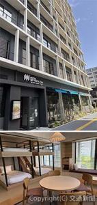 ㊤特徴的なデザインの外観㊦家族やグループで楽しめる２段ベッドを設けた「バンクフォース」