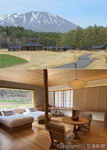 ㊤岩手山を望む「AZUMA FARM Koiwai」㊦フォレストヴィラの室内