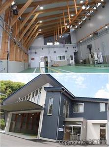 ㊤省エネ設計の整備場㊦大月営業所の外観（富士急バス提供）